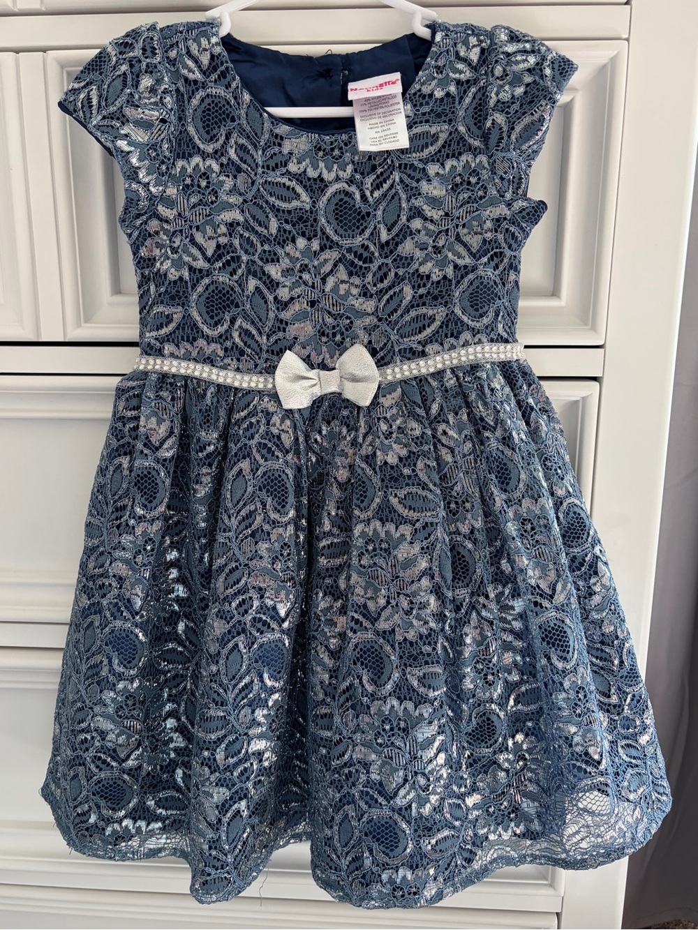 Nannette Navy Lace Girls Dress with Silver Bow